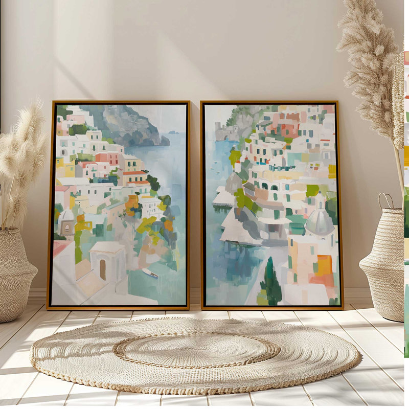 Ensemble de 2 impressions Costal Village Glow v2, 30 po x 20 po, Cadre américain en érable flottant