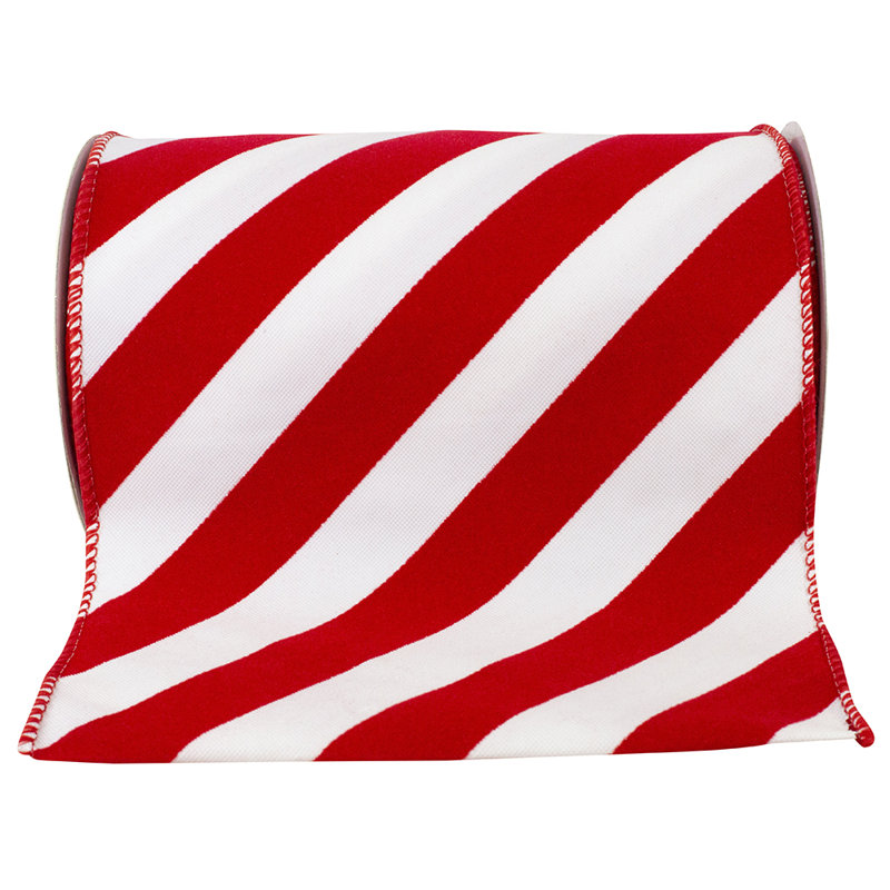 Red/White Candy Cane Grand Velvet Stripe Outdoor Polypro Wired Edge Ribbon, 6" H x 6" W x 6" D