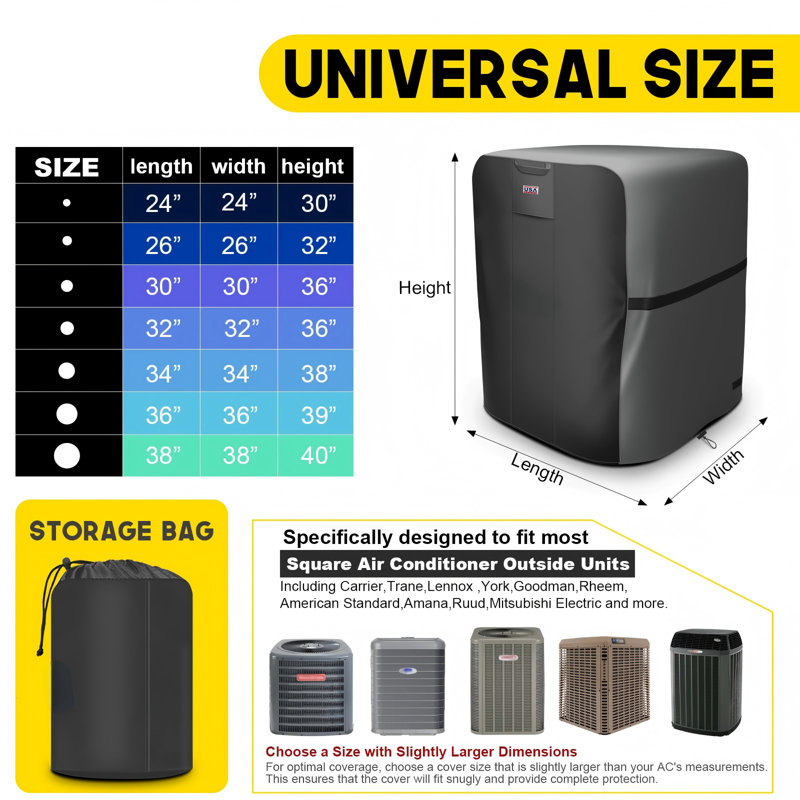 Air Conditioner Cover Waterproof AC Cover 600D Heavy Duty For Outside Units-Durable Universal Sizes Square Fits Up To 30” X 30” X 36”Inches-Gray/Black