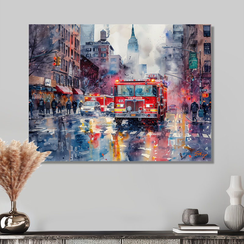 «Red Fire Truck In New York II - Fireman», reproduction d'art murale, H 34 po x l 44 po x P 1,5 po, Métal métal