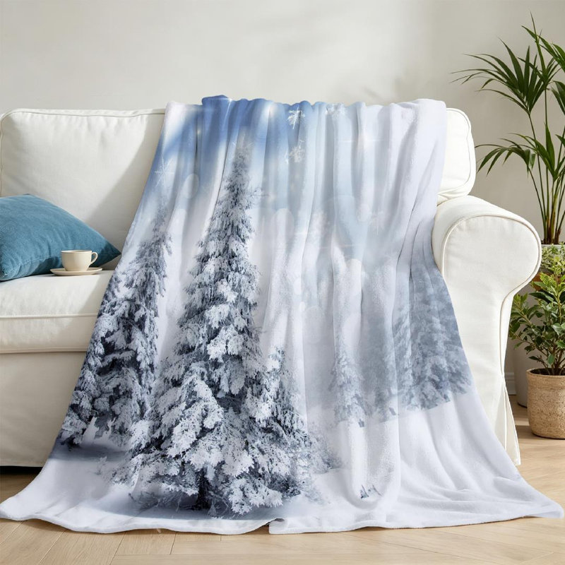 Jeté polaire blanc en flanelle ultra doux, imprimé recto Noël avec sapin enneigé, Throw 50" x 60"