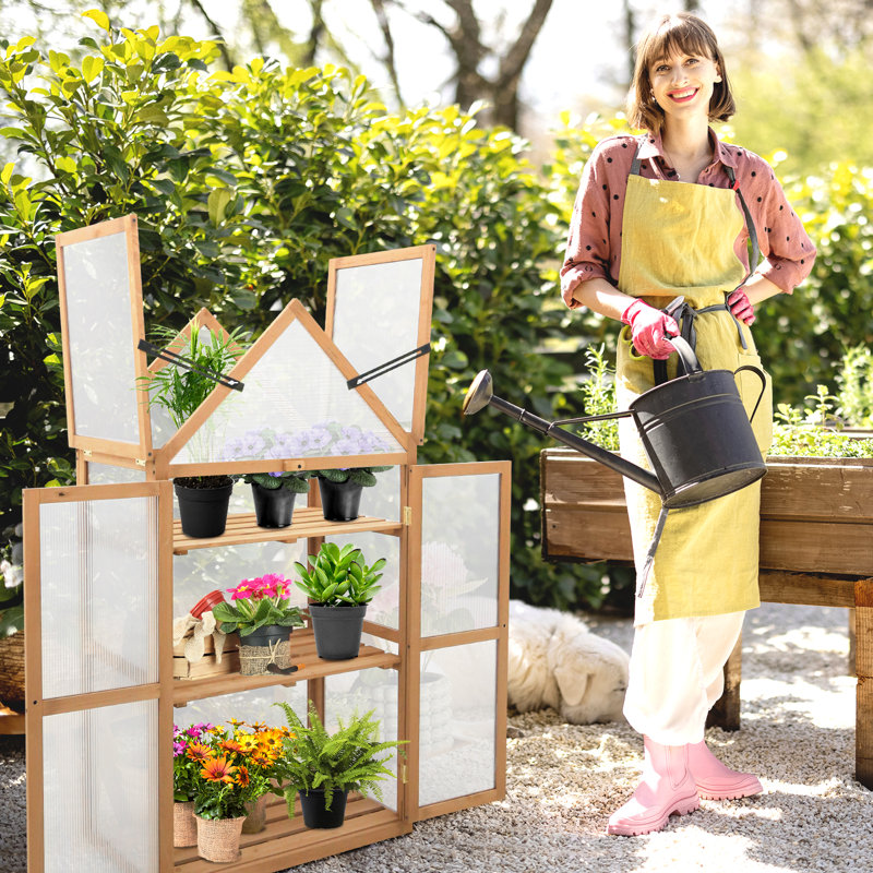 Natural Fir Wood Cold Frame Greenhouse with Adjustable Shelves