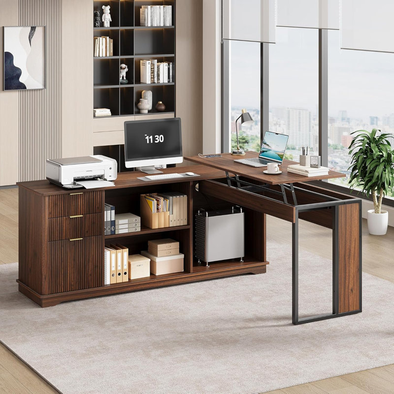 L Shaped Desk With Lift Top, Power Outlets, 3 Fluted Design Drawers, Storage Shelves,CPU Stand, Dark Brown