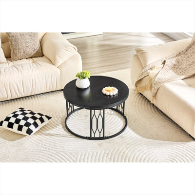 Table basse ronde, 27,5 pouces, plateau en bois aggloméré noir classique avec structure en métal, style industriel