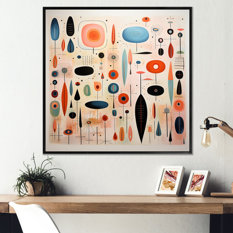 «Mid-Century Whimsical Wonders II» rose - bleu, Cadre flottant noir, H 16 po x l 16 po x P 1 po