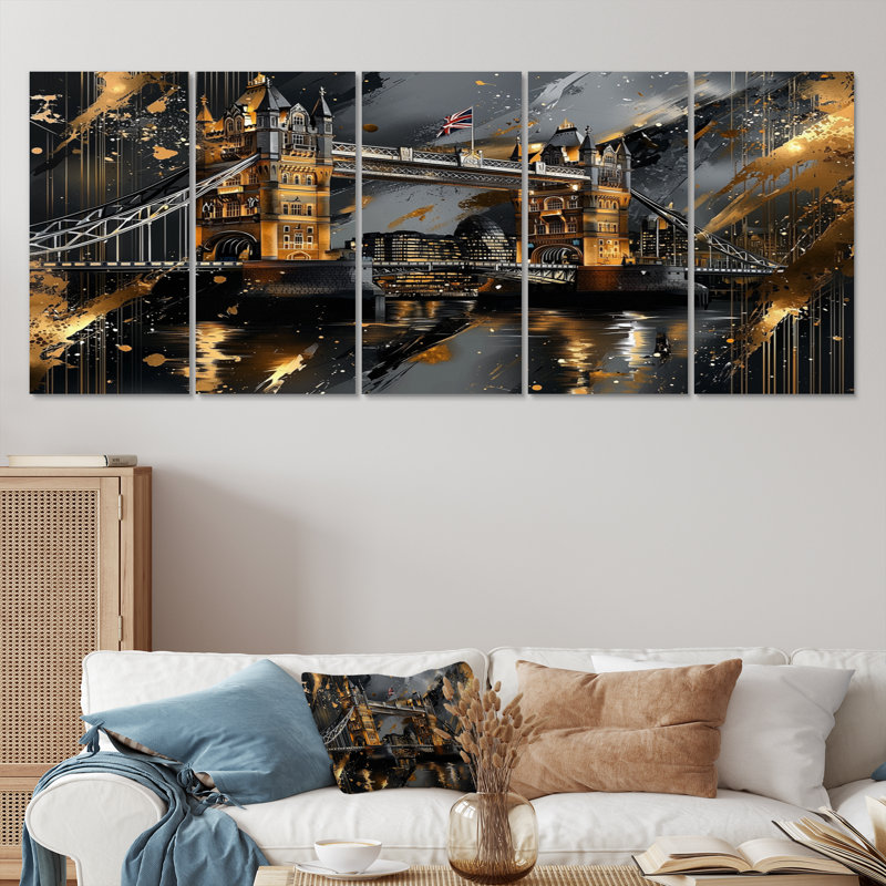 Tower Bridge Lights In Golden Stone - Art mural anglais pour salon 5 pièces, H 28 po x l 60 po