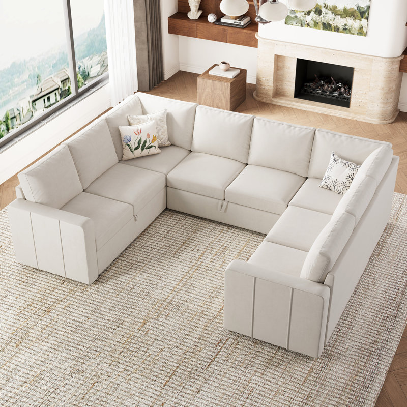 Canapé modulaire en chenille Seybert, Velours beige