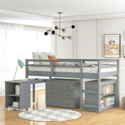 Low Study Twin Loft Bed with Cabinet and Rolling Portable Desk