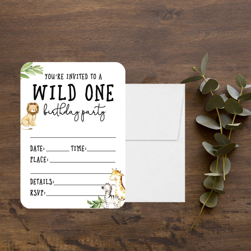 Invitation de fête d'anniversaire avec enveloppes, animaux de Woodland Safari, 5 x 7 pouces