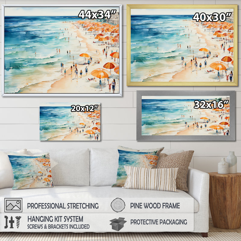Reproduction d'art sur toile Beach Day, Cadre d'angle fermé noir, H 16 po x l 32 po x P 1 po