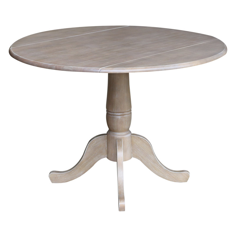 Hesston Drop Leaf Solid Wood Pedestal Dining Table, Washed Gray Taupe
