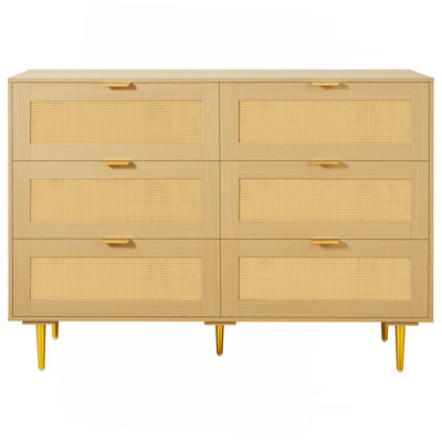 Commode 6 tiroirs en rotin, commode double pour chambre à coucher, commode en rotin naturel avec poignées et pieds en métal, coffre à vêtements en bois moderne et rangement pour chambre à coucher, salon, couloir