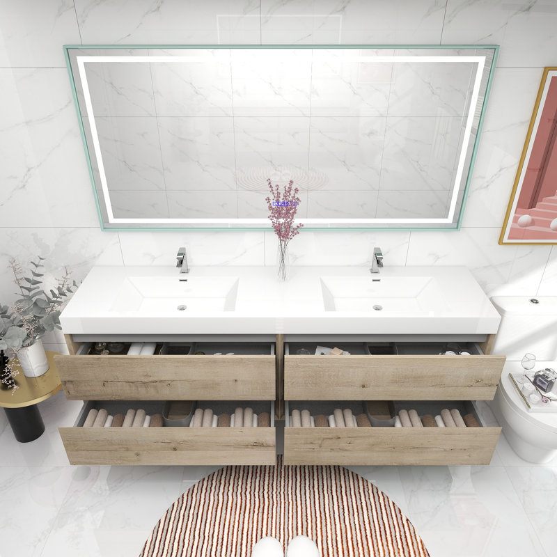 83.4'' Double Bathroom Vanity with Acrylic Top, Light Oak