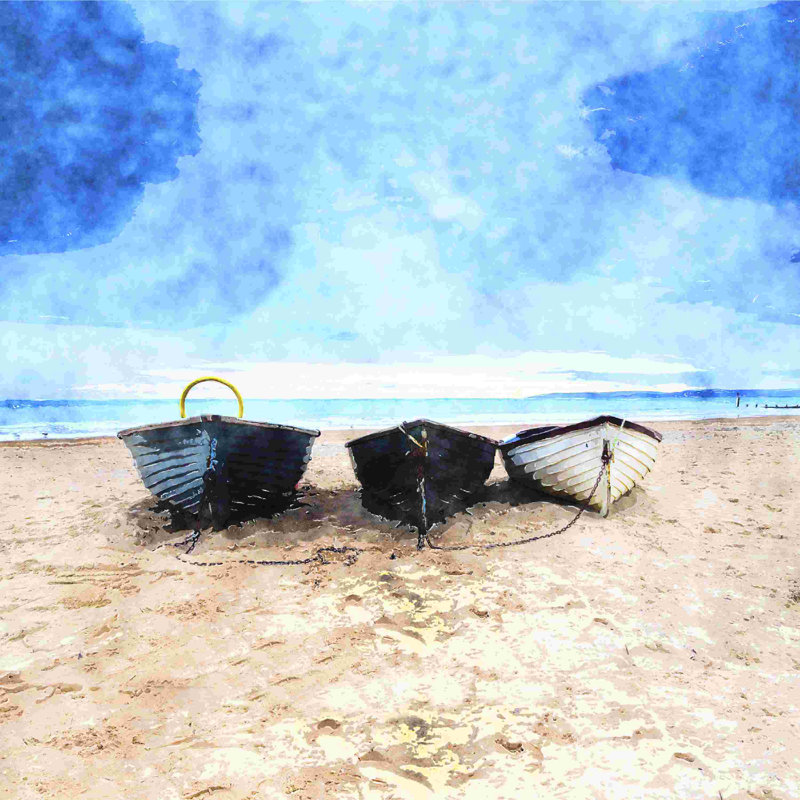 Abstrait peint des bateaux dans le sable - peinture sur toile tendue, H 30 po x l 30 po