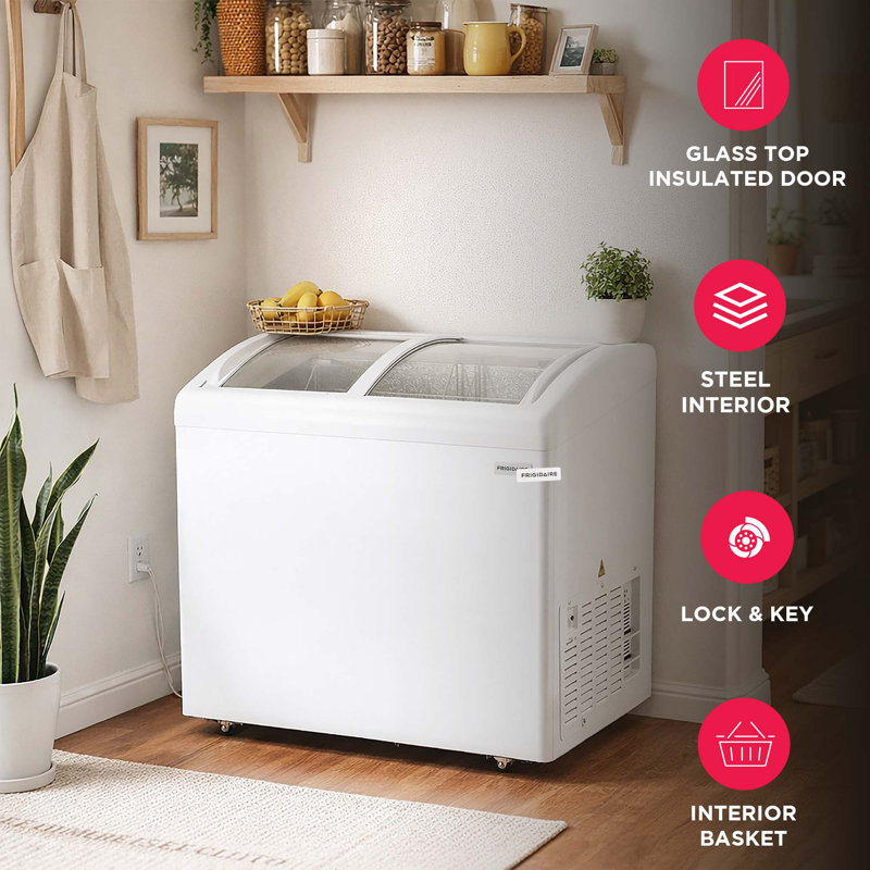 Frigidaire 6.7 Cu. Ft. Curved Glass Top Display Freezer, 2-door Convertible Freezer Refrigerator With Lockable Glass Door And Wheels, White