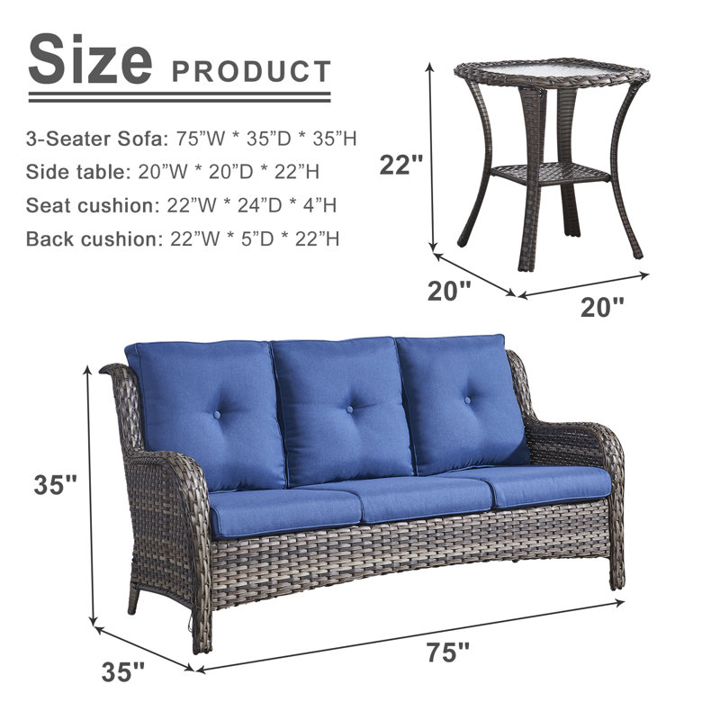 Schutt 75'' Wide Outdoor Patio Sofa with Cushions and Side Table, Blue, Gray