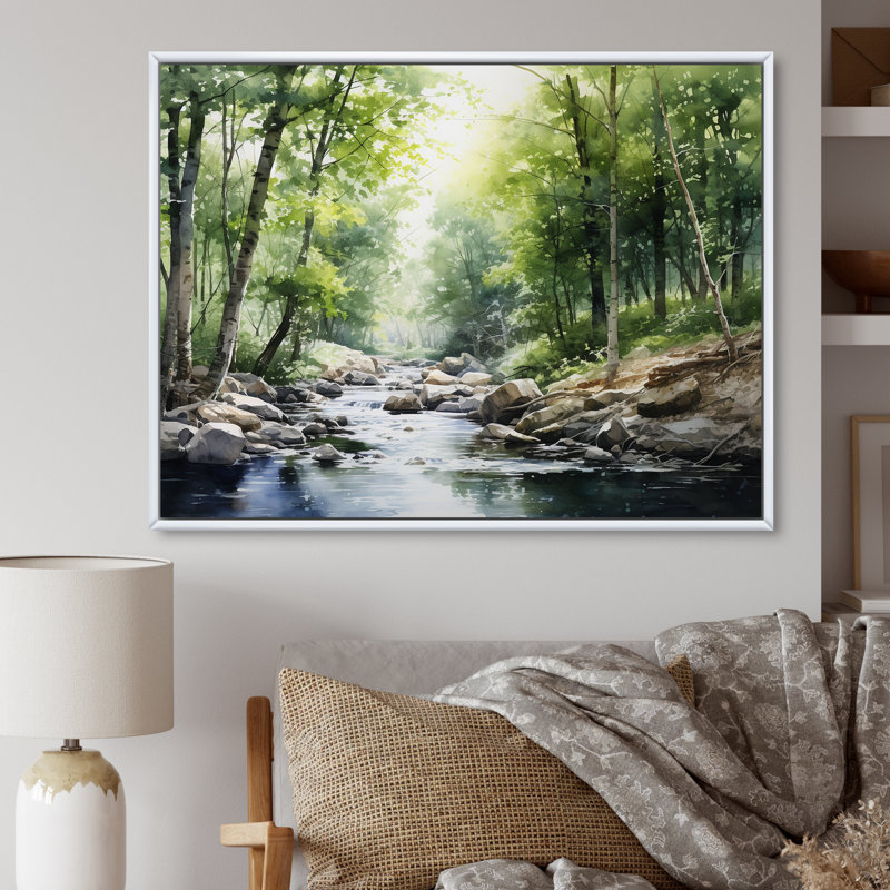 Rivière, forêt, trésor caché, paysage II, Cadre flottant blanc, H 30 po x l 40 po x P 1,5 po