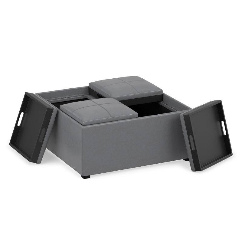 Repose-pieds de rangement pour table basse moderne en cuir végétalien l 35 po Avalon avec 4 plateaux rabattables Avalon, Noir