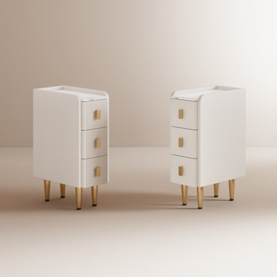 Set of 2 Narrow Solid Wood Core Nightstands with Faux Leather Upholstery & Sintered Stone Top