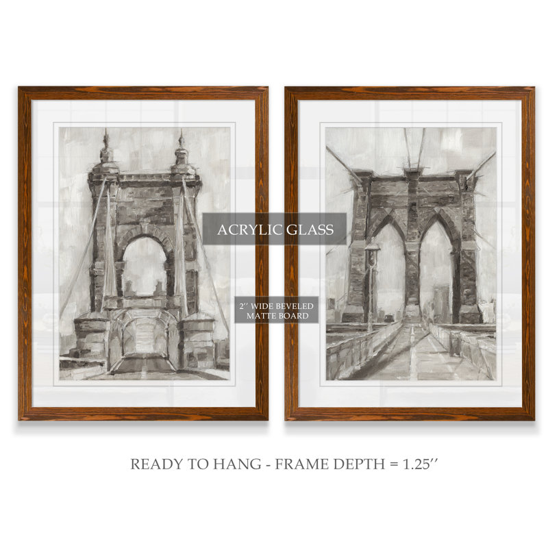 «Bridge Crossing I», ensemble de 2 reproductions d'art encadrées, Cadre en érable, H 24 po x l 18 po x P 1,25 po, Blanc