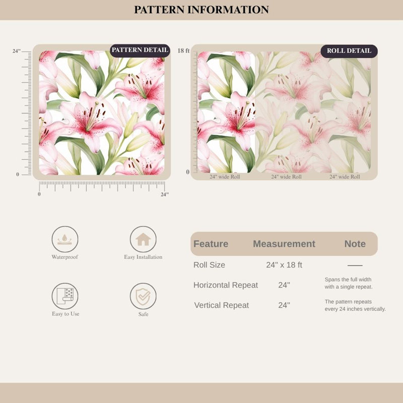 Rouleau de papier peint botanique doux à motif de lys rose