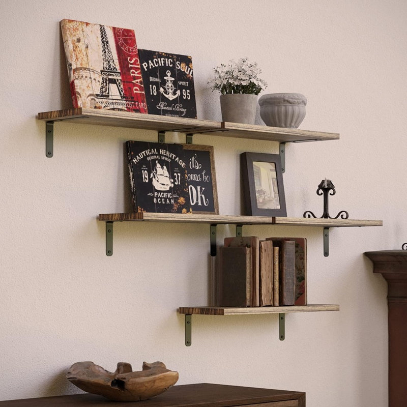 Set Of 5 Rustic Wood Floating Shelves, Farmhouse Wall Décor – Carbonized Black