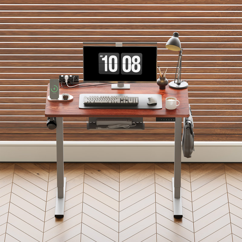 Home Office Height Adjustable Standing Desk With Built-in Power Outlet, Mahogany/Gray