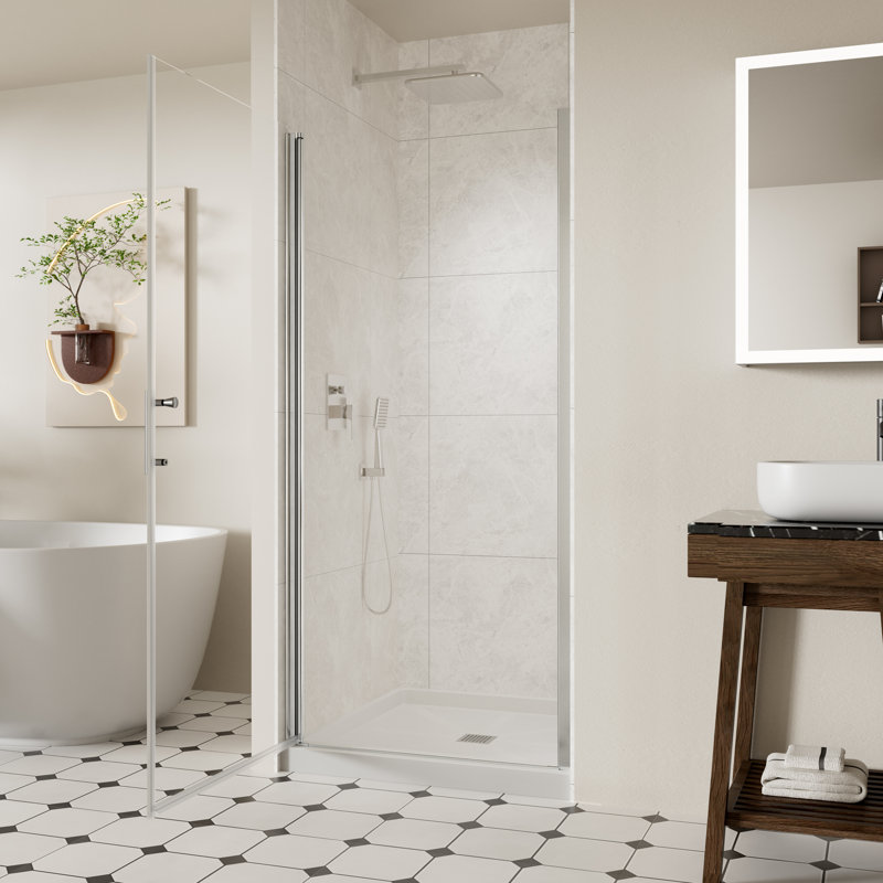 32-33.4" W x 72" H Frameless Shower Door, Pivot Shower Glass Doors with 1/4" (6mm) Clear SGCC Tempered Glass, Chrome Swing Shower door out of Plumb Adjustability