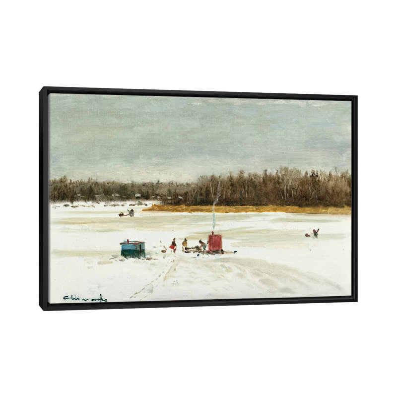 " Ice Fishing Morning " by Ernest Chiriacka, 18" H x 26" W x 1.5" D, Black Framed Canvas, No Mat