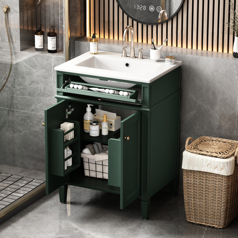 Meuble-lavabo de salle de bain 24 po avec 2 portes et tiroir, organisateurs de rangement intelligents, glissières de tiroir coulissantes, charnières à fermeture en douceur, convient aux portes de petits espaces, pieds en bois massif basculants, facile à nettoyer