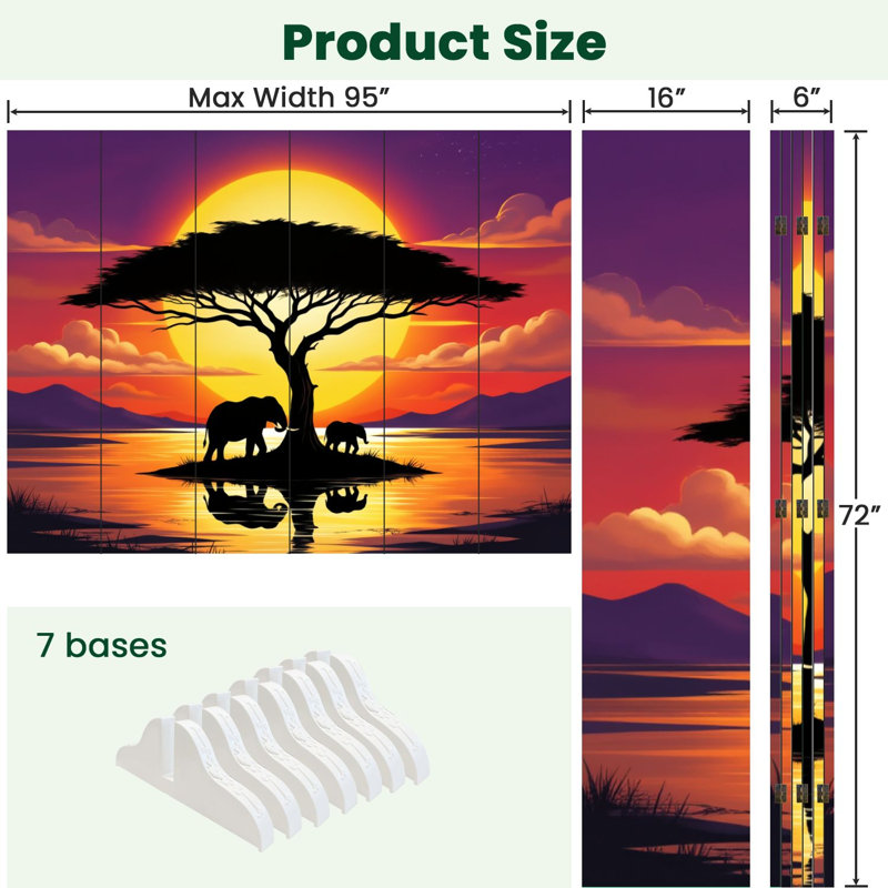 Cloison pliante 6 panneaux paravent Royal Elephants Silhouetted Against Vibrant Sunset Tree, 6, H 71 po x l 96 po x P 1 po