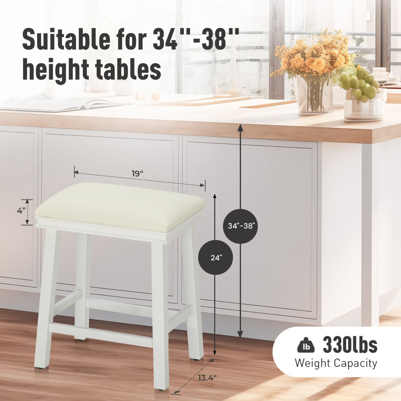 Tabouret de comptoir de cuisine sans dossier 24 po avec revêtement en éponge, Blanc, Blanc