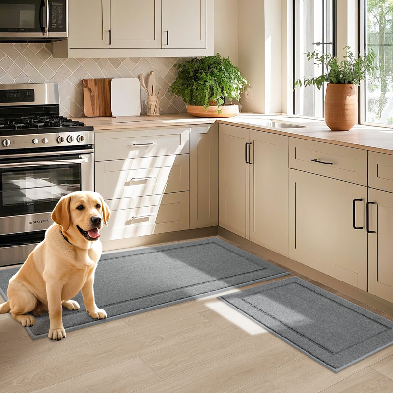 Non-Slip Kitchen Mats, Self-Adhesive Absorbent Floor Rug for Kitchen Bathroom Laundry Room, Machine Washable, Light Grey