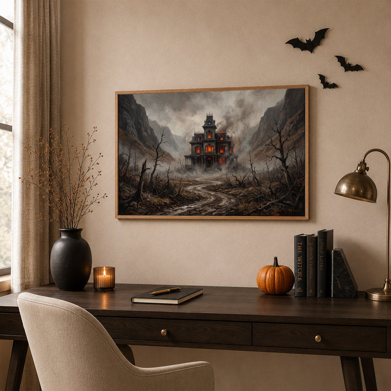 Maison hantée gothique aux fenêtres orange vif - Toile murale d'Halloween, 32"H x 48"W