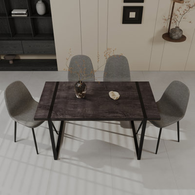 59" MDF black wooden dining table and modern dining chair set of 4 pieces, medieval wooden kitchen dining table set, black rectangular metal base, din