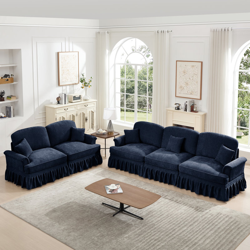 Ensemble de 2 pièces bleues avec pieds fuselés, dossiers en forme de fleur et chenille pour les accoudoirs évasés modulaires classiques, tissu fileté argent, plusieurs configurations