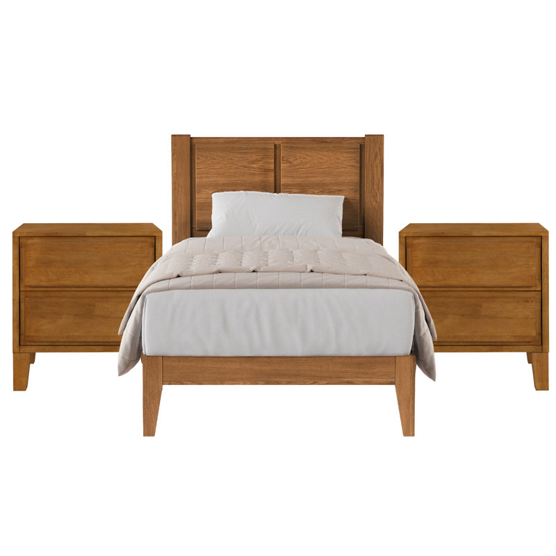 Ensemble de chambre à coucher Knighten, Noyer, 3 Pcs: Bed, 2 Nightstands, Lit simple