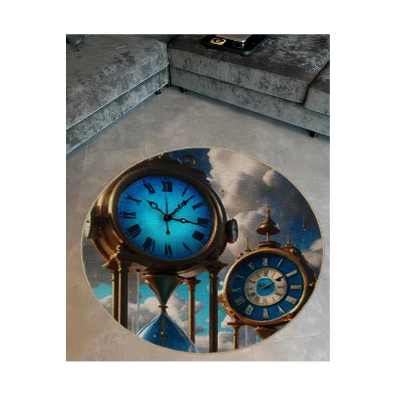 Surrealist Design Sky And Hourglass Patterned Round Woven Base Modern Decorative Carpet, Round 4'