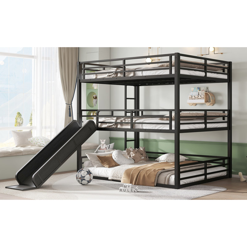 Queen Over Black Metal Triple Bunk Bed With Slide, Solid Frame, Full - Length Rails, Noise Less Sleep In Guest Bedrooms Size And Robust Build, Spaces