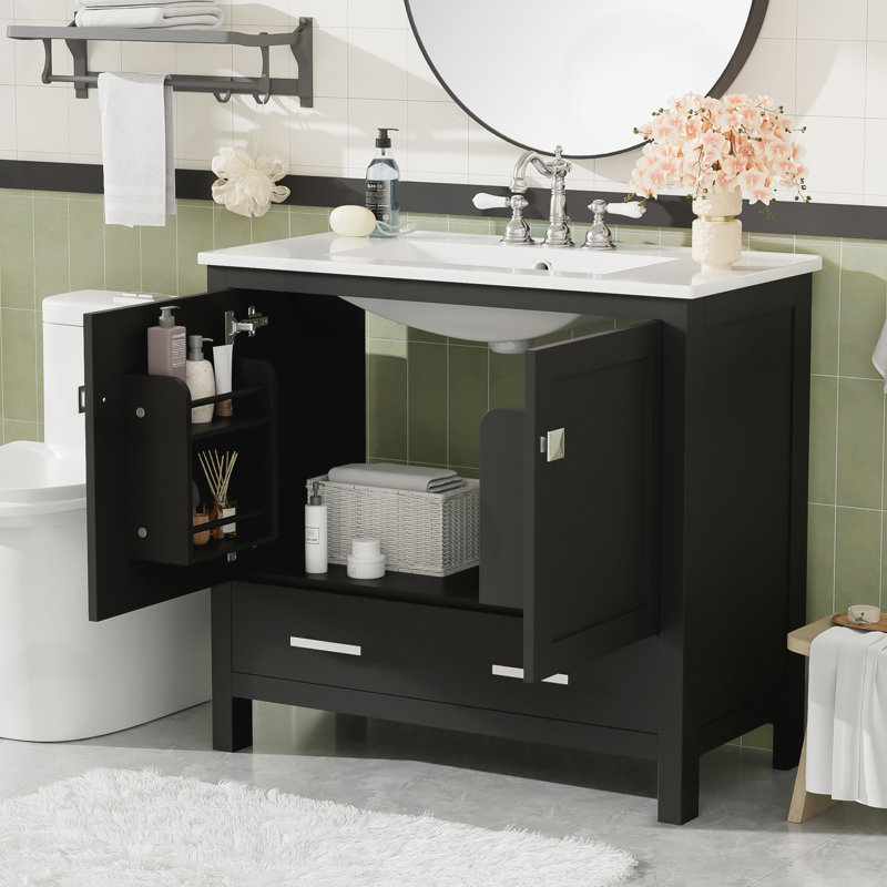 Meuble-lavabo de salle de bain avec tablettes de rangement doubles et tiroir divisé, Noir