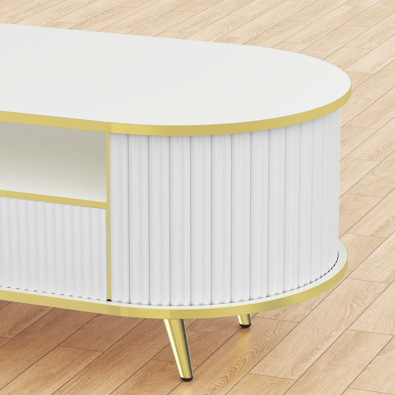 47.2" Modern Oval Coffee Table with LED Lights, Fluted Coffee Table with Storage Drawer, Curved Profile with Gold Metal Legs, Center Table for Living Room, White & Gold
