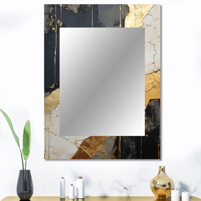 «Black Gold Adorned Poteries V», miroir mural unique à spirales abstraites, miroir moderne, art imprimé en métal