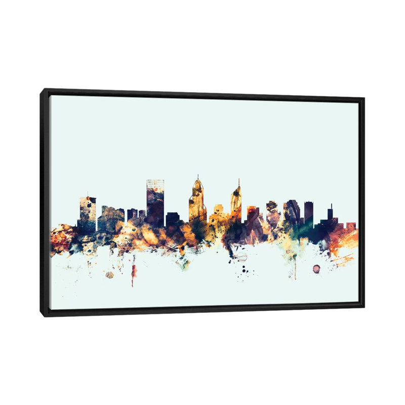 Skyline Series: Perth, Australie, impression sur toile tendue en bleu, H 18 po x l 26 po x P 1,5 po, Toile avec cadre noir