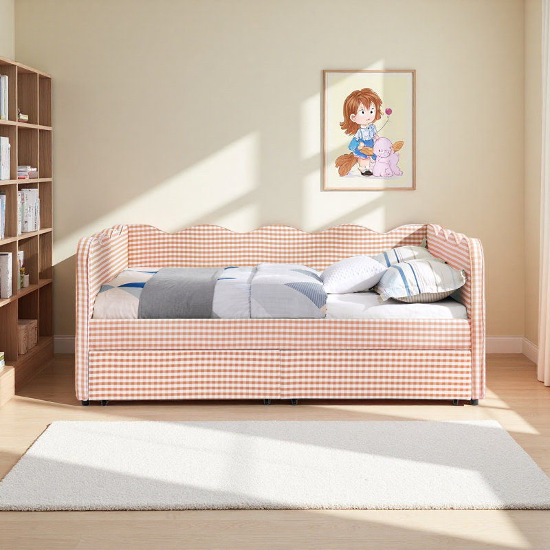 Cozy Gingham Daybed With Two Storage Drawers, With USB Port And Adorable Wave Shaped, Full/Double, Pink