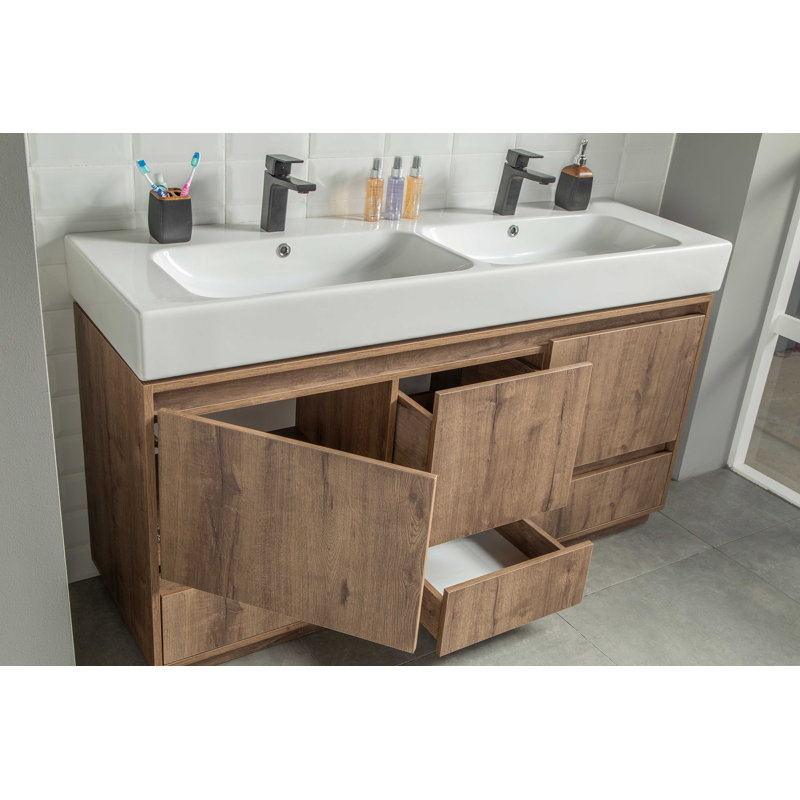 Meuble-lavabo moderne 60 po en bois de chêne naturel avec lavabo en porcelaine Alina