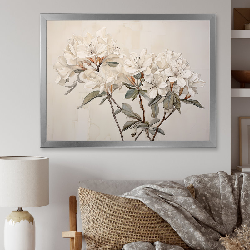 Rhododendron sobre et sobre, H 24 po x l 32 po x P 1 po, Cadre simple argenté