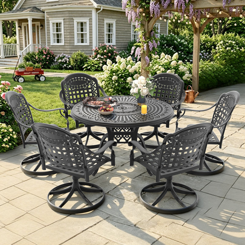 Ensemble de salle à manger rond de patio 7 pièces de 47,24 po avec trou pour parasol, 6 chaises pivotantes avec coussins bleus