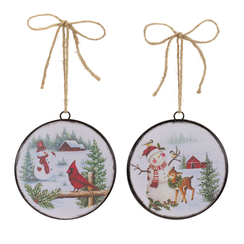 Woodland Snowman Disc Ornaments Set of 12 with Rustic Design