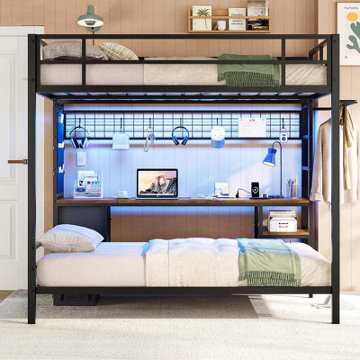 Twin Over Twin Metal Bunk Bed with Built-in Desk, Mesh Pegboard Panel, LED Lights, Charging Station, Storage Shelves & Drawers, Safety Guardrail & Ladder