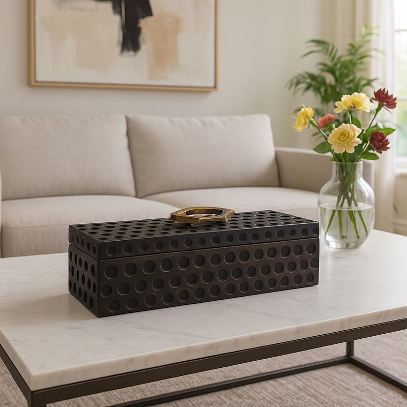 Boîte décorative sculpturale pour la décoration intérieure - Boîte de rangement décorative avec couvercle et poignée décorative dorée - Organisateur de bijoux ou boîte à souvenirs pour meuble-lavabo, tablette ou présentoir - 7 po